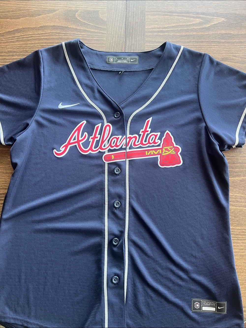 Nike Navy Atlanta Women’s XL Baseball Jersey with Red and White Script